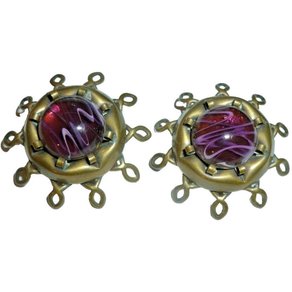 Marjorie Baer Earrings Brass Art Glass Statement SF‎ Architect Clip On Good